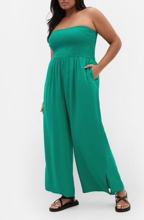 City Chic Ally Smocked Strapless Wide Leg Jumpsuit in Green at Nordstrom, Size Xxxs