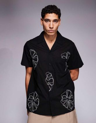 South Beach Camicia nera ricamata con rever-Nero