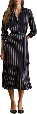 Lauren Ralph Lauren Fayella Stripe Long Sleeve Midi Shirtdress in Navy/Cream/Garnet at Nordstrom, Size 12