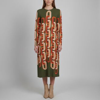La DoubleJ La Doublej Green Prometheus Placc&eacute;e Print Crepe Midi Swing Dress