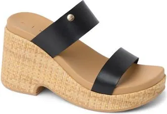 Reef Sunset Ibiza Platform Slide Sandal in Black/Raffia at Nordstrom, Size 7.5