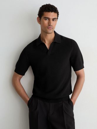 Reiss Black Cotton-blend Basket-stitch Open-collar Polo Shirt, M