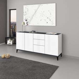 Dmora Aparador Moderno Con 3 Puertas Y 3 Cajones, Made In Italy, Aparador De Cocina Elevado, Buffet De Dise&ntilde;o De Sal&oacute;n, Cm 160x40h82, Blanco Brillo Y Pizarr