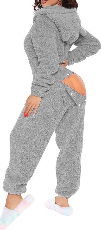 cfpqv One-Piece Pyjamas with Butt Flap Womens Long Sleepwear Warm Fluffy Adult Leisure Suit Onesies One-Piece Pyjama Set Pyjamas with Hood Single-Colo