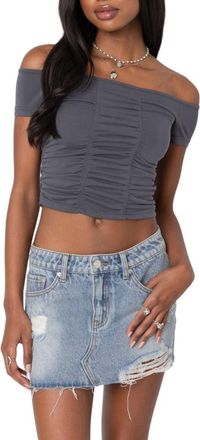 Edikted Off the Shoulder Ruched Crop Top in Dark-Gray at Nordstrom, Size X-Small