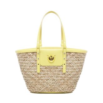 Pinko Handgeweven Raffia Leren Tas - Dames - Schoudertassen - Beige - ONE Size - Leer - Tassen