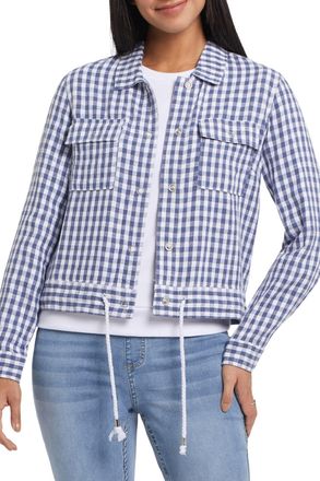 Tribal Cindy Crop Jacket With Drawstring In Dusty Navy Gingham Print