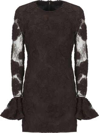 Rotate Short Brown Dress With Floral Appliqu&eacute;s And Transparent Sleeves