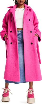 Topshop Double Breasted Tie Waist Trench Coat in Bright Pink at Nordstrom, Size 14 Us