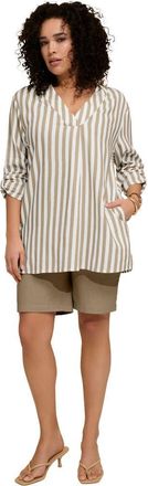 Roaman's Plus Size Linen Blend Y Neck Roll Tab Sleeve Tunic in Sandy Beige Bold Stripe at Nordstrom, Size 16