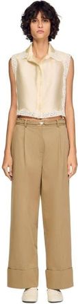Sandro Cropped shirt with lace detail in Ecru at Nordstrom, Size X-Large