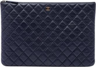 Chanel Pre-owned Vintage Quilted Caviar Leather Clutch - Dames - Pre-owned - Blauw - Maat: ONE Size Leer