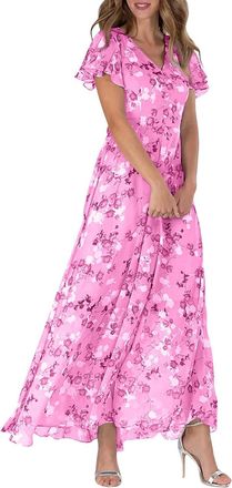 Generic Floral Maxi Dress for Women - Elegant Chiffon - Semi Formal - Ruffle Sleeve - Casual V Neck - Long Dress - Rose Red, M