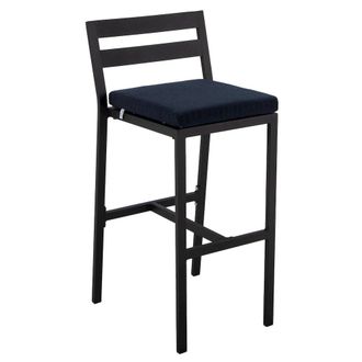 Leisure Mod Chelsea Collection Modern Aluminum Outdoor Bar Chair in black with Blue Cushions