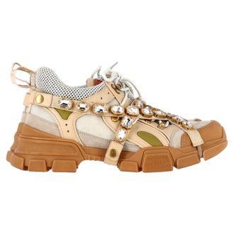 Gucci Gucci Mesh Canvas Crystals Flashtrek Sneakers in Beige Kalfsleer