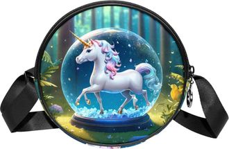 Generic Circle Crossbody Bag for Women, Unicorn Crystal Ball Small Sling Bag Daypack with Zipper Adjustable Shoulder Straps Casual Ladies Girls Round Purse