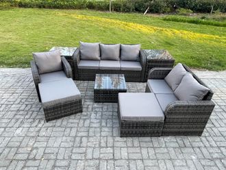 Fimous Indoor Outdoor Rattan Garden Furniture 8 Seater Set Table Sofa Chair Conservatory with Grey Cushions 2 Big Footstool in Dark Grey