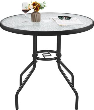Yaheetech Homevive Mesa De Jard&iacute;n De 70cm De Di&aacute;metro Redonda De Cristal Mesa De Balc&oacute;n Con Orificio Para Sombrilla Alto 73cm Negro