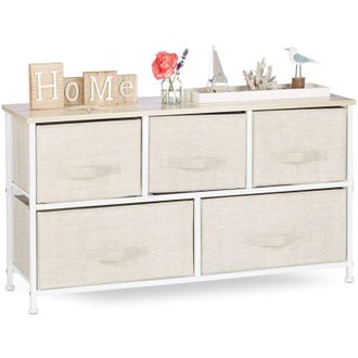 Relaxdays Mobiletto con 5 Cassetti, Mobile Cassettiera, in Tessuto, Acciaio e Legno mdf, hlp: 54,5 x 100 x 30 cm, Beige - Relaxdays