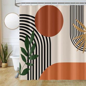 OEM Cortina De Ducha Abstracta, Cortina De Ba&ntilde;o Moderna Minimalista Con L&iacute;neas Geom&eacute;tricas Negras En Terracota, Cortina De Ba&ntilde;o De Poli&eacute;ster Lavable E Imp