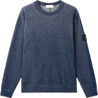 Stone Island Round-neck Knitwear, male, Blue, Size: M Plated Rib Cotton Boucl&eacute; Crewneck