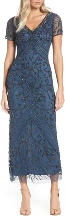 Pisarro Nights Beaded Mesh Column Gown in Coastal Blue at Nordstrom, Size 18