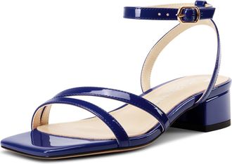 Castamere Womens Low Chunky Block Heel Square Toe Ankle Strap Sandals Dress Wedding Party Shoes 3.5 CM Heels Navy Blue 3.5 UK