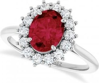 Allurez Oval Lab Grown Ruby & Diamond Halo Ring 14K White Gold (2.16ct)