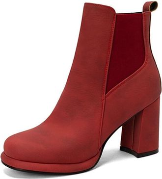 Generic Womens Elastic Wide Calf Ankle Boots Comfort Round Toe Block Heel Fashion Slip On Winter Dress Shoes (7.5,Red)