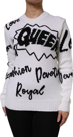 Dolce & Gabbana Womens Lettering Print Long Sleeve Sweater - White Wool - Size EU 32 (Womens)