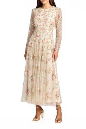 Mac Duggal Floral Embellished Long Sleeve Mesh Midi Dress in Beige Multi at Nordstrom, Size 16