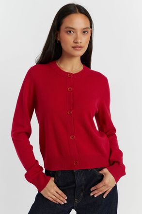 Chinti and Parker Crimson Wool-Cashmere Crew Neck Cardigan