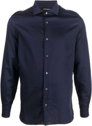 Emporio Armani Marineblauw Regular Fit Overhemd met All Over Adelaar Logo - Heren - Casual Overhemden - Blauw - XL - Katoen - Overhemden