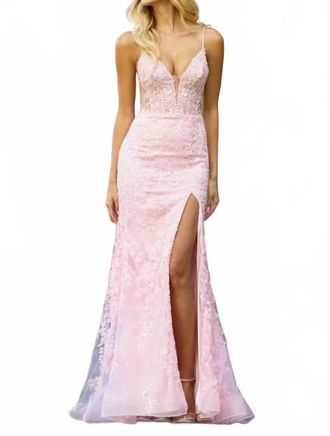 Sherri Hill Fitted Lace Gown With Sheer Corset Bodice In Blush