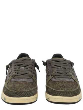 Premiata Low-Top Textured Sneakers With Contrast Branding And Earthy Tones