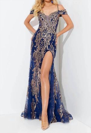 Jasz Couture Cold Shoulder Applique Evening Dress In Navy/gold