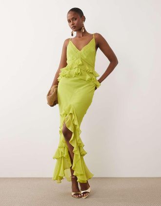 Asos Vestito lungo a colonna con spalline sottili e volant verde lime-Multi