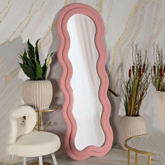 Dmora Espejo Marylin, Marco Ondulado Tela Teddy, Forma Rectangular, Tipo De Pared, 60x160h Cm Rosa