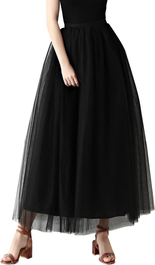 Feoya Womens 5 Layered Tulle Skirt Long A Line Tutu Skirt Black Pleated Mesh Party Prom Max Skirts from 29.88 on Stylight