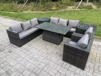 Fimous Wicker PE Garden Furniture Rattan Sofa Set Patio Adjustable Rising Lifting Dining Table Set with 2 Armchairs in Dark Grey