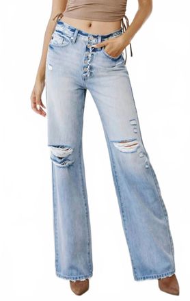 Kancan High Rise Flare Distressed Jeans In Light Wash
