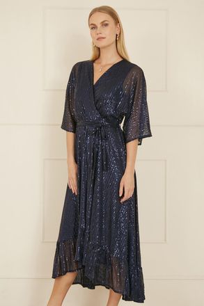 Yumi Womens Navy Sequin Kimono Midi Wrap Dress - Size 14 UK