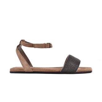 Brunello Cucinelli Beaded Leather Flat Sandals - Brown