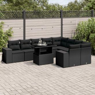 vidaXL Set De Sof&aacute;s De Jard&iacute;n 10 Pzas Cojines Rat&aacute;n Sint&eacute;tico Negro