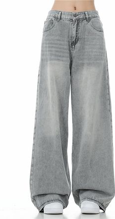 Generic Wide Leg Jeans Women Baggy High Waisted Stretchy Comfy Denim Pants Women Oversized Casual Streetwear Loose Cowboy Bottoms (Grey, L)
