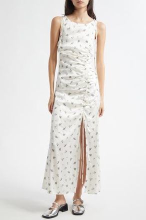 Ganni Printed Ruched Satin Maxi Dress in Egret at Nordstrom Rack, Size 10-12 Us / 42 Eu