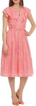 Maggy London Metallic Stripe Linen Blend Midi Dress in Light Red/Ivory at Nordstrom Rack, Size 2