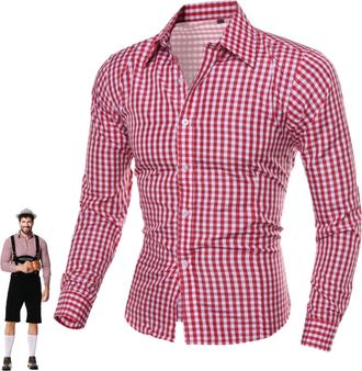 Generic Mens Bavarian Style Oktoberfest Costume Long Sleeve Cotton Shirt with Classic Checked Pattern, Traditional Turned Collar and Slim Fit Plaid Shirt for 