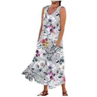 Generic UK Denim Top Summer Oversized Flowy Floral Printed Round Neck Sleeveless Dresses Casual Maxi Vest Dress with Pockets Jersey Maxi Dress (Gray, L)