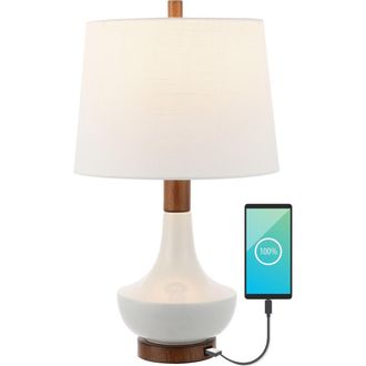 Jonathan Y Designs Finn 23 Vintage Minimalist Iron/Ceramic LED Mini Table Lamp with USB Charging Port, Wood Finished/White in White/brown Wood Finish at